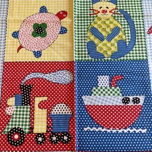 Vintage Fabric Cotton Children's Novelty Gingham Patchwork Animals 70s Quilt